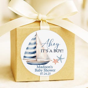 Ahoy It’s a Boy Baby Shower Favor Tags or Stickers – Nautical Sailboat Theme – Personalized Blue Labels – Boy Baby Shower Decorations
