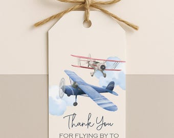 Airplane Party Favor Tags: Vintage Plane Thank You, Printed & Personalized