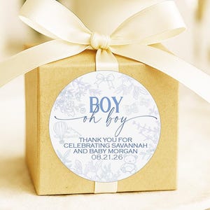 Toile de Jouy Baby Shower Stickers – Dusty Blue Floral Favor Tags – Personalized Baby Shower Labels – Classic themed - guest thank you