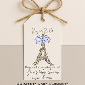 Bonjour Bébé Baby Shower Favor Tags with Eiffel Tower – Blue Bow Paris Theme – Printed & Shipped Tags for French Baby Shower Decor