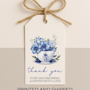 Tea Party Shower Favor Tag – Blue Floral Tea Cup Thank You Tag – Printed Tags for Bridal or Baby Shower – Custom Tea Party Gift Tags