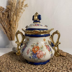 Vintage French Rococo Bonbonniere: Cobalt Blue Floral Porcelain Trinket Box