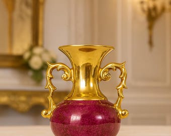 Limoges porcelain vase, ruby red and gold rococo revival, 1950s French baroque elegance collectible