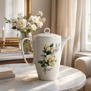 Vintage French porcelain teapot, yellow flower design, mid century luxe by Compagnie Nationale