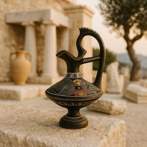 Puede incluir: Una jarra de cerámica negra con un asa curva y diseños pintados intrincados en rojo, amarillo y blanco. La jarra tiene una base redonda y un pico. El fondo presenta una superficie de piedra y arquitectura clásica.