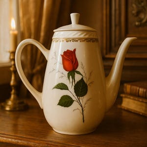 Vintage koffiekan in Franse faience: La Rose Floral Pottery, Saint Amand