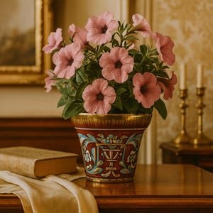 May include: A pot of pink petunias in a decorative ceramic pot. The pot has a red base, gold trim, and blue and green floral designs. The arrangement is on a wooden table, beside a book and a draped cloth. The scene is set indoors.