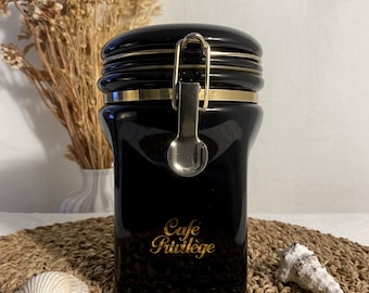 Vintage French Ceramic Coffee Jar: Mid-Century Black & Gold Canister