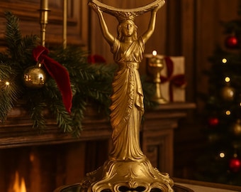 Escultura de dama francesa antigua de metal dorado, base de espejo neoclásico, arte decorativo circa 1890