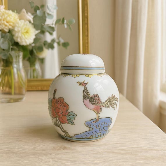 Vintage Chinese Porcelain Ginger Jar, Hand Painted Peacock and