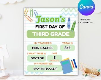 First Day of School Sign, Personalized Editable Back to School Kids Teacher Kindergarten Photo Prop Template Digital Printable Board