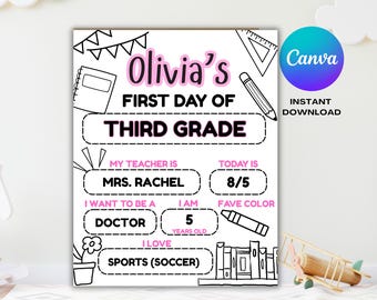 First Day of School Sign, Personalized Editable Back to School Kids Kindergarten Photo Prop Template Digital Printable Coloring Sign
