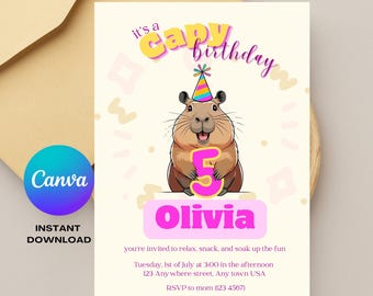 Capybara Editable Invitation, Digital Invite, Birthday Party, Capy Birthday, Printable 5x7", Kawaii Canva Template, Birthday Invites