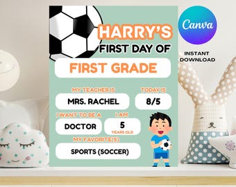 First Day of School Sign, Personalized Editable Back to School Kids Teacher Kindergarten Photo Prop Template Digital Printable Board