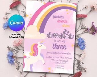 Rainbow Unicorn Birthday Party Invitation Editable Template, Girl Party Invite, Digital Download, Colorful Theme, Magical Sparkly, Printable