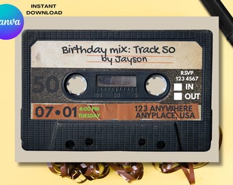 Retro Mixtape Vintage Birthday Editable Template, Digital Printable E-vite Invite, Retro Party, Groovy Old School Cassette Tape Theme Y2K