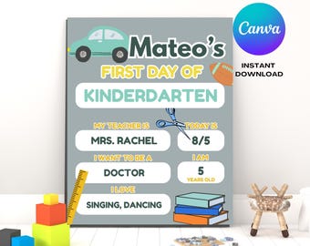 First Day of School Sign, Personalized Editable Back to School Kids Teacher Kindergarten Photo Prop Template Digital Printable Board