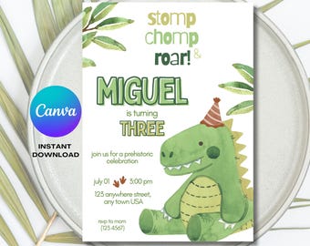 Dinosaur Editable Birthday Invitation, Dino Invite, Digital Download, Printable Canva Template, Dino Party Boys Birthday T Rex Roar Jurassic