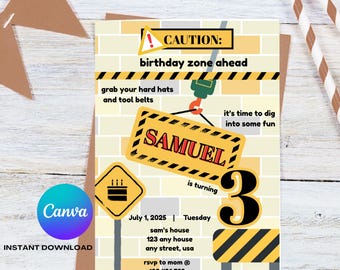 Construction Editable Birthday Invitation, Digital Printable Invite 5x7", Canva Edit, Birthday Invitation Template, Crane Caution Party