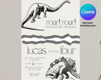 Dinosaur Editable Birthday Invitation, Dino Invite Digital Download, Printable Canva Template Bday Boys Black and White Roar Jurassic Fossil
