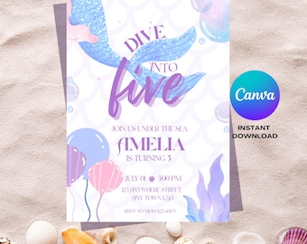 Dive Into Five Mermaid Birthday Party Invitation, Editable Invite, Under the Sea Canva Template, Digital Download Evite 5x7" Printable Ocean