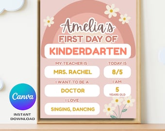 First Day of School Sign, Personalized Editable Back to School Kids Teacher Kindergarten Photo Prop Template Digital Printable Board