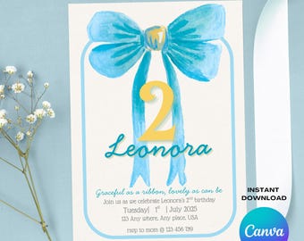 Blue Bow Coquette Theme Editable Invitation Birthday Girl Invite, Canva Template 5x7", Printable First Birthday, Ribbon, Digital Download