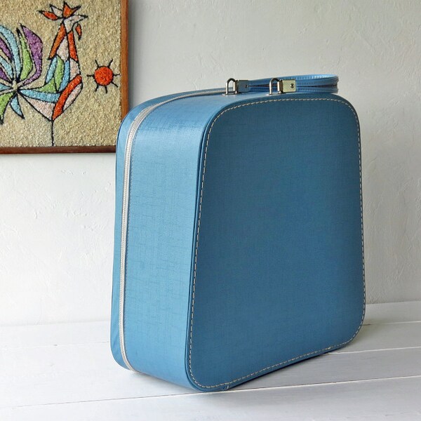 Vintage Train Case Luggage / Swinger Style Square Train Case /  French Blue / Wig Case Style