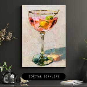 PINK MARTINI Art Print | Sztuka ścienna koktajlowa | Dekoracja wózka barowego | Plakat miksologiczny | Znak baru alkoholowego | Prezent dla miłośników drinków | Sztuka ścienna do kuchni