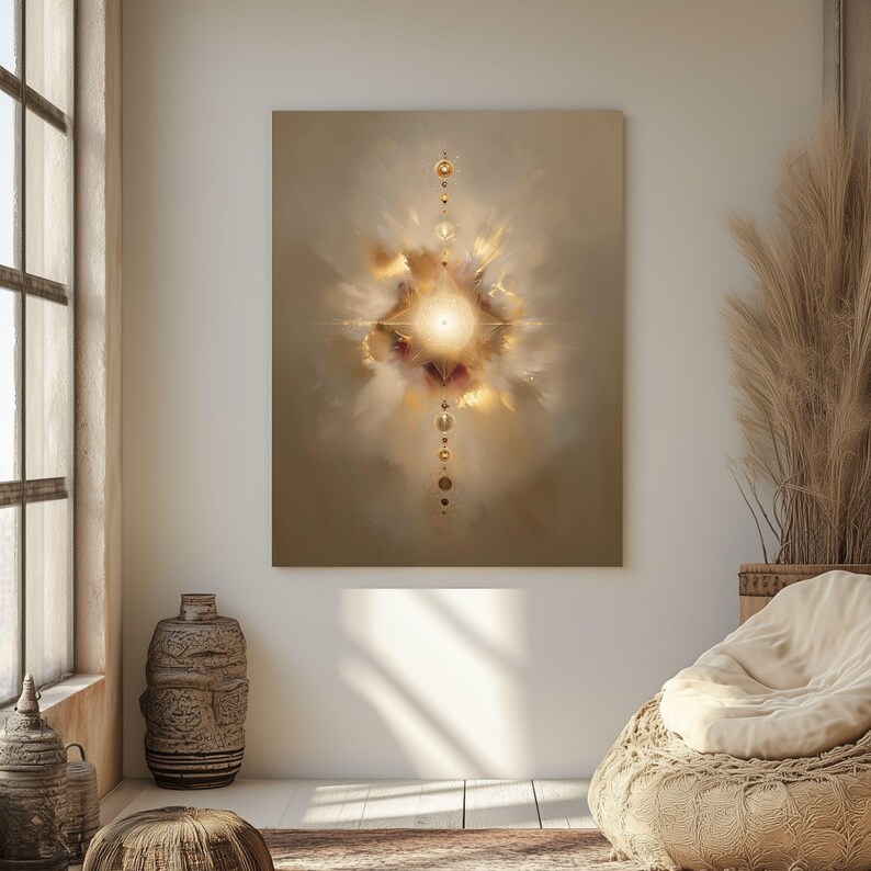 May include: A large, abstract canvas art piece with a central, radiant design in gold, cream, and red hues. The artwork features a bright, star-like focal point with radiating light and a vertical line of smaller, golden orbs. The overall aesthetic is warm and ethereal.