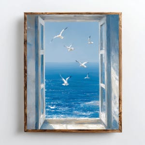 May include: A painting shows an open window with a view of the sea and sky. White seagulls fly in the blue sky. The window frame is brown, and the window is painted in shades of blue and white.
