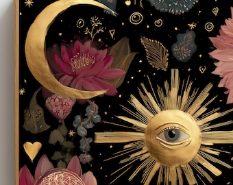 Impression d'art mural qui voit tous, affiche symbole mystique, décoration audacieuse, oeuvre d'art oeil d'or, art mural esthétique sombre, décoration d'intérieur éclectique