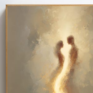 May include: A framed wall art print featuring an abstract, painterly depiction of two figures facing each other in a soft, ethereal glow. The composition uses muted beige, cream, and warm golden tones with textured brushstrokes throughout.