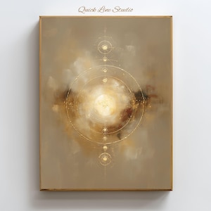 May include: Abstract art print with a gold frame. The artwork features a central, bright, circular design with concentric circles and radiating lines. The background is a blend of beige, brown, and gold tones. The text "Quick Line Studio" is at the top.