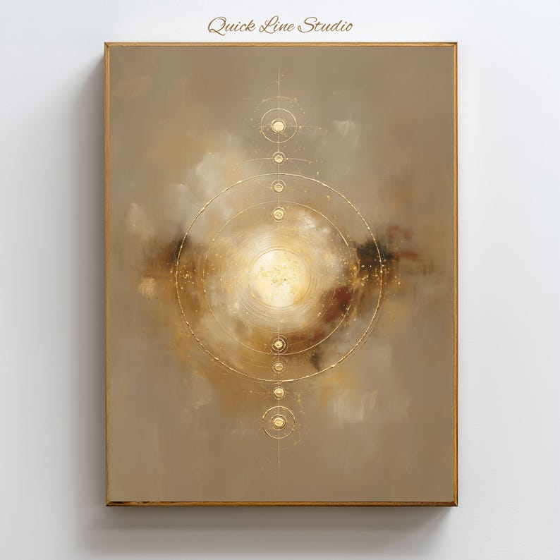 May include: Abstract art print with a gold frame. The artwork features a central, bright, circular design with concentric circles and radiating lines. The background is a blend of beige, brown, and gold tones. The text "Quick Line Studio" is at the top.