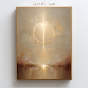 May include: Abstract art print in a gold frame. The artwork features a central circular shape with a vertical line extending downwards. The color palette includes shades of gold, brown, and beige, creating a warm and ethereal atmosphere. The text "Quick Line Studio" is in the top right corner.