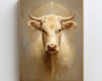 Arte mural de vaca sagrada, impresión espiritual de vaca sagrada, póster de vaca de geometría sagrada, arte de vaca divina, decoración de pared de animales espirituales, obra de arte de vaca mística