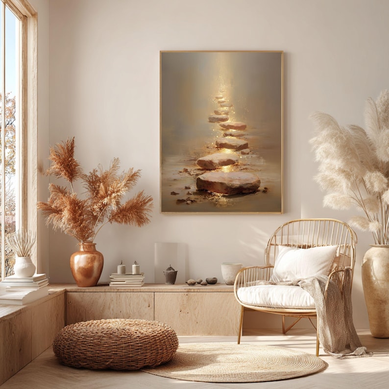 Op de afbeelding: Een ingelijst kunstwerk toont een pad van stapstenen verlicht door een gouden licht. De kamer heeft een rieten stoel met een wit kussen, een ronde geweven poef en decoratieve droge planten in vazen. Het kleurenpalet is neutraal met warme tinten.