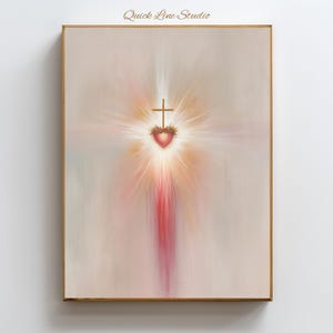 Muurkunst Heilig hart van Jezus | Moderne christelijke print | Schilderij stralend goddelijk licht | Katholiek woondecoratie | Minimalistische heilig-hartkunst