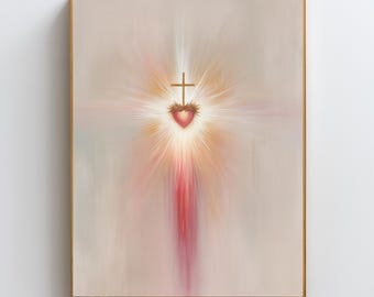 Sacred Heart of Jesus Wall Art | Modern Christian Print | Radiant Divine Light Painting | Catholic Home Decor | Minimalist Sacred Heart Art