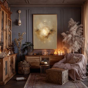 May include: A cozy living room scene with a large abstract painting as the focal point. The artwork features a golden, circular design against a neutral background. Wooden furniture, candles, and decorative plants create a warm, inviting atmosphere. A rug and armchair complete the space.
