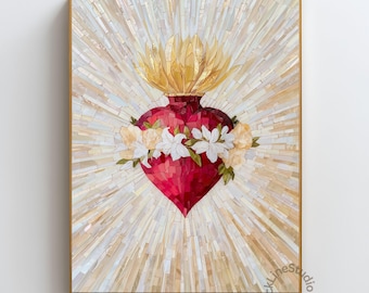 Immaculate Heart of Mary Mosaic Art, Catholic Marian Wall Print, Christian Religious Decor, Mary Heart Devotional Gift
