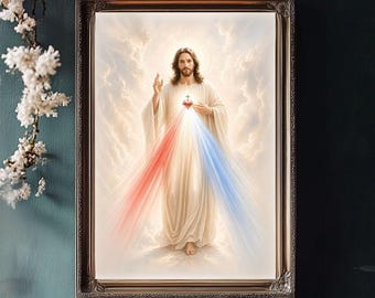 Sacred Heart Divine Mercy Jesus Wall Art, Christian Print, Catholic Wall Decor, Religious Art Printable, Neutral Beige Spiritual Poster