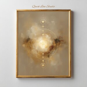 May include: Abstract art print in a gold frame. The artwork features a central, bright, circular design with concentric circles and smaller, gold-colored accents. The background is a blend of brown, beige, and gold tones, with the text "Quick Line Studio" at the top.