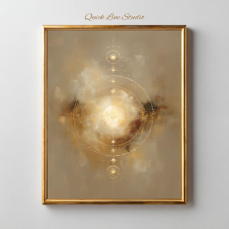 May include: Abstract art print in a gold frame. The artwork features a central, bright, circular design with concentric circles and smaller, gold-colored accents. The background is a blend of brown, beige, and gold tones, with the text "Quick Line Studio" at the top.