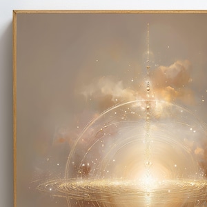 May include: Abstract art print in a wooden frame. The artwork features a golden, glowing central vertical element, surrounded by a luminous, swirling design. The background has a soft, cloudy texture with hints of beige and gold, creating a celestial feel.