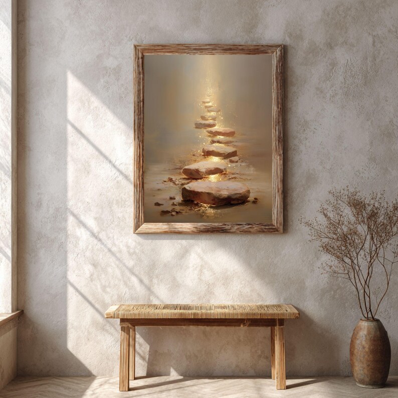 Op de afbeelding: Een ingelijste kunstdruk toont een pad van stapstenen badend in gouden licht. Het kunstwerk zit in een houten lijst en hangt boven een houten bank. Rechts staat een vaas met gedroogde takken.