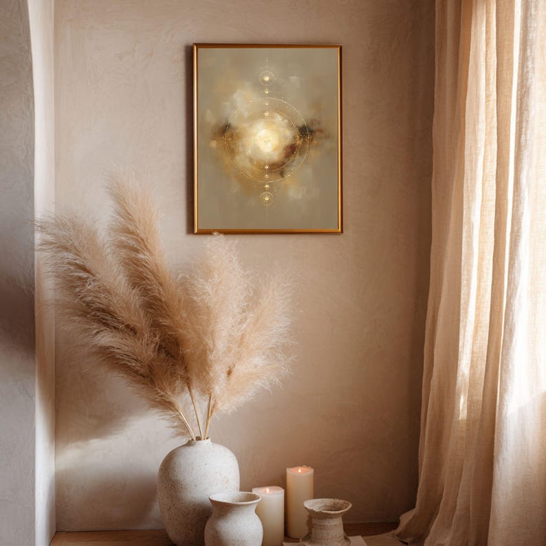 May include: A framed abstract art piece with a gold frame, featuring a central bright light surrounded by soft, earthy tones. The artwork hangs above a vase of dried pampas grass, candles, and other decorative vases, creating a warm, inviting ambiance.