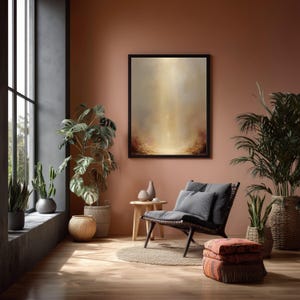 May include: A cozy living room scene with a framed abstract art piece, a dark wicker chair with gray cushions, and various potted plants. The room features a large window, wooden floors, and a warm color palette.