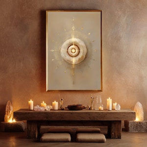 May include: A framed artwork with a gold border features a central circular design with concentric rings and radiating lines. Below, a wooden table holds lit candles, crystals, and decorative items. Two square cushions sit below the table.